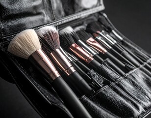 Close-up of makeup brushes organized in a black leather case
