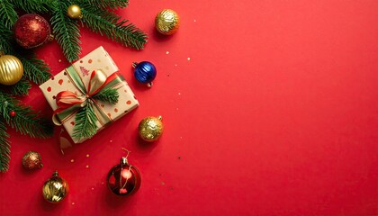 Festive Christmas Gift Box with Ornaments and Pine Branches on Red Background.