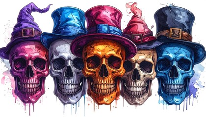 Five colorful skull portraits in top hats, watercolor splashes, whimsical, spooky vibe, isolated on white