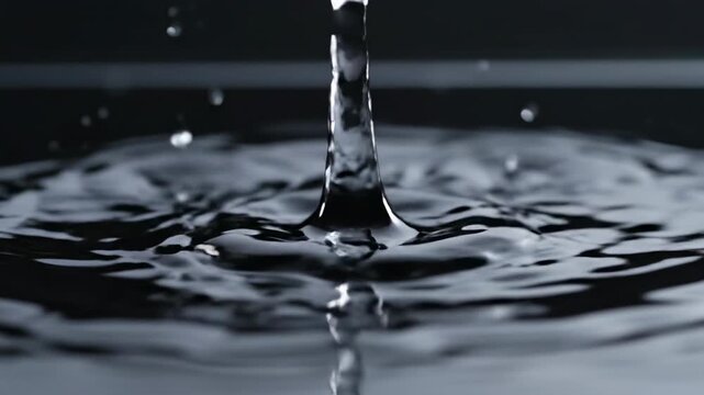 Extreme slow motion close-up of a perfectly clear droplet of water impacting a still surface causing a momentary opaque ripple distortion science, water, fresh
