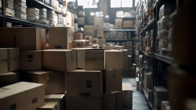 Holiday shopping season. Retail business promotion concept. Awarehouse interior with stacked cardboard boxes and shelving units. The scene is captured in a moody, atmospheric style.