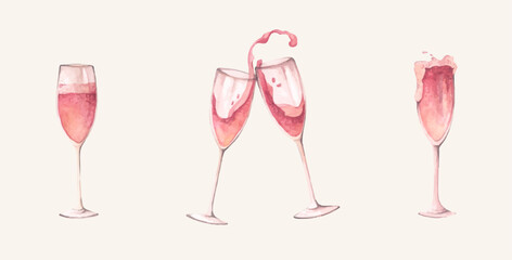 Romantic Champagne, Wine Glass. Elegant Party Toast for Wedding and Anniversary. Watercolor illustration. © Khaneeros