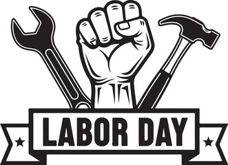 Labor Day Fist Wrench Hammer and Ribbon Graphic vector illustration