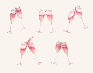 Romantic Champagne, Wine Glass. Elegant Party Toast for Wedding and Anniversary. Watercolor illustration.
