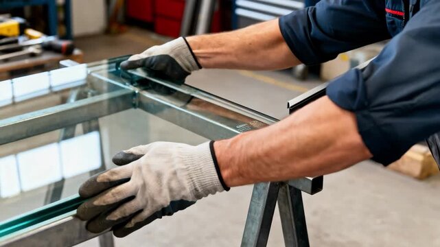 Technician carefully fitting thick bulletproof glass into a sturdy metal frame ensuring maximum security and durability in a controlled industrial environment.