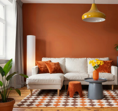 Stylish orange interior of living room with design sofa