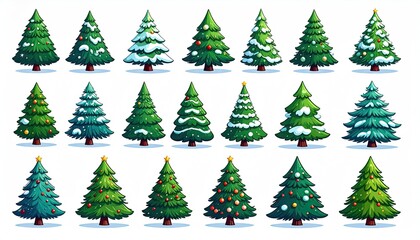 Collection of Festive Cartoon Christmas Trees with Snow and Ornaments.