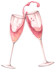 Hand Drawn Romantic Champagne, Wine Glass. Elegant Party Toast for Wedding and Anniversary. Watercolor illustration.