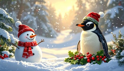 Cute Penguin and Snowman Friends in Snowy Winter Wonderland.