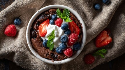 A cozy top view of chocolate cobbler with whipped cream and berries, rustic linen cloth