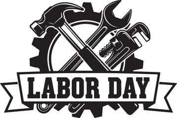 Labor Day Gear With Crossed Tools And Ribbon Text holiday work