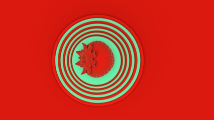Red monochrome strawberry centered on alternating green and red concentric rings in minimal scene