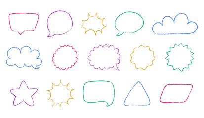 Colorful outline speech bubbles hand drawn with crayon texture. Set of communication shapes and borders with scribble grunge strokes. Vector shapes for text, childish designs, stickers, backgrounds.