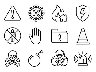 Collection of Hazard and Warning Icons Danger Virus Fire and More.