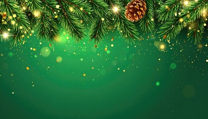 Festive Christmas pine branches with glowing lights and golden confetti background.