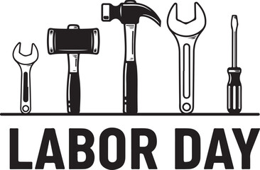 Labor Day text with various tools on a shelf typography wrench