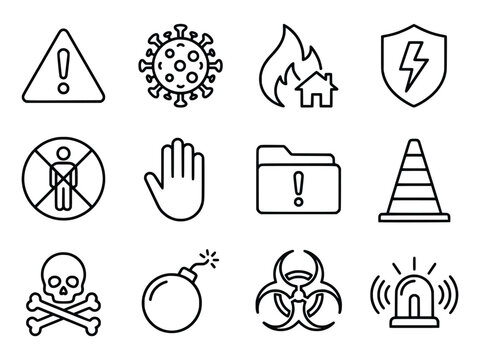 Collection of Hazard and Warning Icons Danger Virus Fire and More.