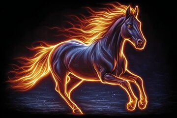 Graceful fiery horse with a flaming tail in vibrant orange representing passion and energy against a solid black background
