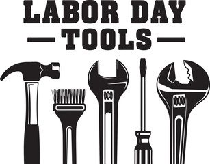 Labor Day Tools Hammer Wrench Screwdriver Brush Black White Graphic vector illustration