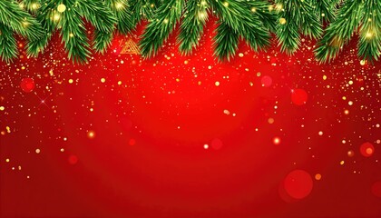 Festive Christmas background with fir branches and golden bokeh lights.
