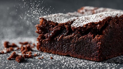 Fototapeta premium A flat lay of chocolate cobbler slice with powdered sugar dusting, pastel gray backdrop