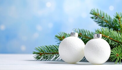 Two white glitter Christmas ornaments with pine branches on a soft blue bokeh background.