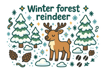 Naklejka premium Winter Forest Reindeer. Winter forest reindeer. Hand-drawn doodle illustration of Winter forest reindeer.