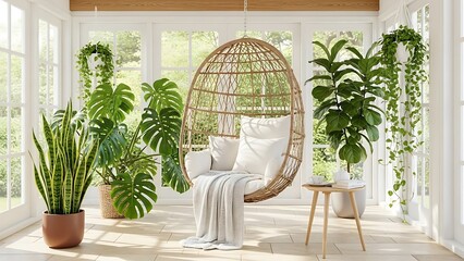 Sunlit Sunroom with Hanging Rattan Chair and Lush Green Plants conservatory interior