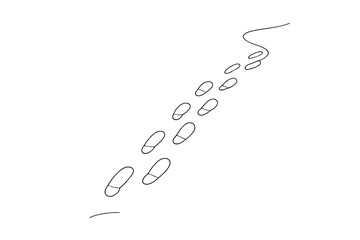 Footprints in Snow. Snow-covered path tracks. Minimalistic one-line drawing trail of footprints in fresh snow,