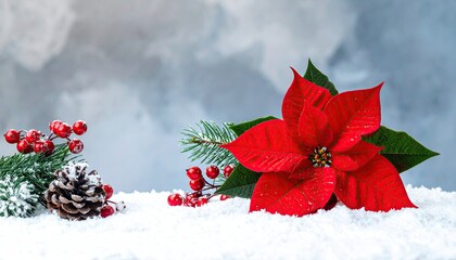 Festive red poinsettia flower with snow covered pine and berries for Christmas.