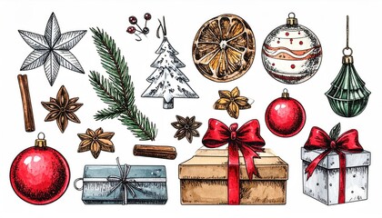 Collection of Hand Drawn Christmas Decorations and Festive Elements for Holiday Design.