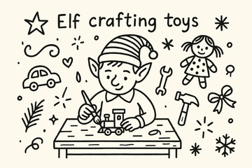 Elf Toy Workshop. Elf crafting toys. Hand-drawn doodle illustration of Elf crafting toys. Central doodle (elf