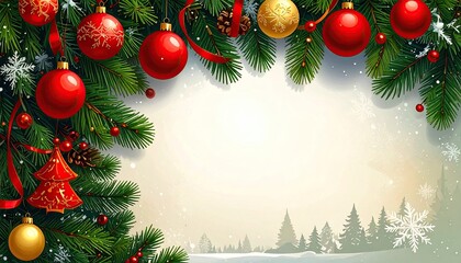 Festive Christmas Garland Border with Ornaments and Snowy Landscape Background.