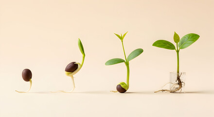 Seed germination stages demonstrating plant life cycle on pastel background