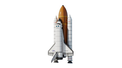 Naklejka premium A detailed 3D rendering of a space shuttle with its orange external tank and white solid rocket boosters, on a solid transparent background. background removed