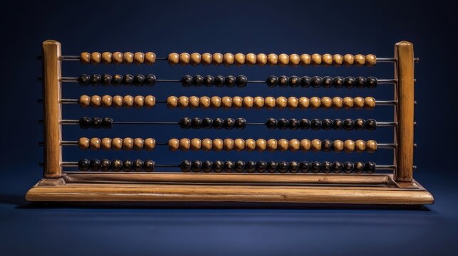 An abacus with a U-shaped wooden frame and five horizontal rods featuring colorful beads rests against a dark blue backg