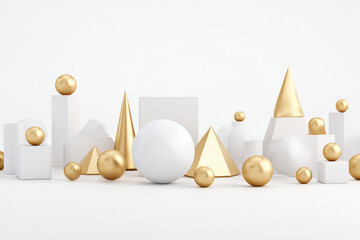 collection of elegant white and gold decorative objects, soft pink background, smooth textures, stylish arrangement, suitable for luxury branding, interior design presentations, online store showcases