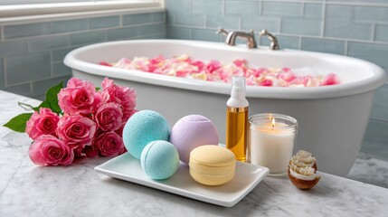 A serene bathroom scene featuring a bathtub surrounded by rose petals, bath bombs, a candle, and essential oils for a relaxing spa experience.