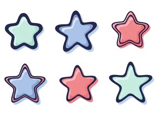 Obraz premium Set of six cute, colorful, handdrawn style fivepointed stars with dark outlines, isolated on white background