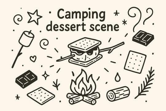 S'mores and Campfire Doodles. Camping dessert scene. Hand-drawn doodle illustration of Camping dessert scene.
