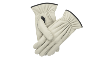 A pair of light-colored leather utility gloves with black trim, crossed elegantly on a plain background, ready for work or protection. background removed