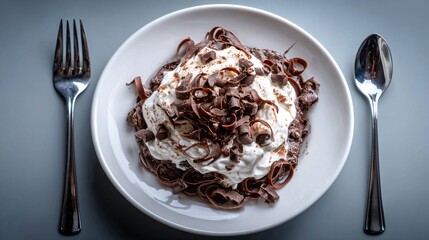 A minimalist overhead of chocolate cobbler with chocolate curls, icy white ceramic plate