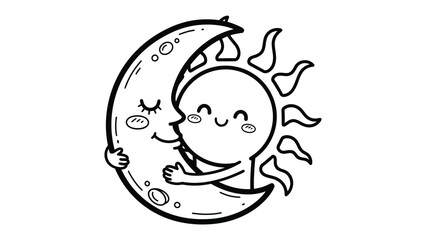 Harmony of Celestial Bodies: This monochrome illustration portrays the tender embrace of the sun and moon, their cheerful expressions conveying the warmth of friendship.