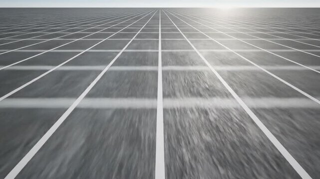 Fast aerial simulation moving over an infinite textured concrete grid composed of thin parallel white lines stretching toward the horizon vanishing point, complex pattern, thin parallel white lines