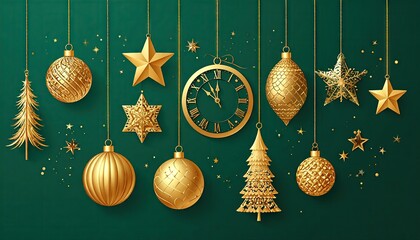 Elegant Golden Christmas Ornaments and Festive Decorations Hanging on a Deep Green Background with Glittering Confetti.