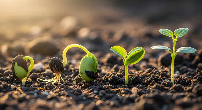 Stages of Seed Germination and Growth in Soil, Demonstrating Plant Development