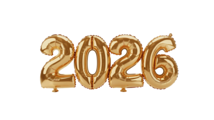 Shiny golden foil balloons forming the number 2026, isolated on a dark transparent background, ideal for New Year or future events. background removed