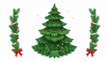 Watercolor illustration of a beautifully decorated Christmas tree with pine garlands and festive ornaments.