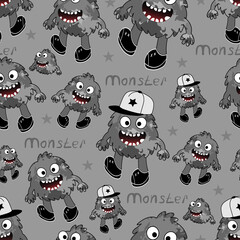 Playful seamless background with gray cartoon monsters in caps, stars and lettering. Ideal for children products, nursery interiors, wallpapers, apparel, gift wrap and textile design.