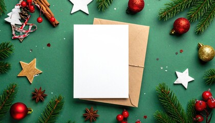 Flat lay of a blank Christmas greeting card and envelope surrounded by festive decorations.